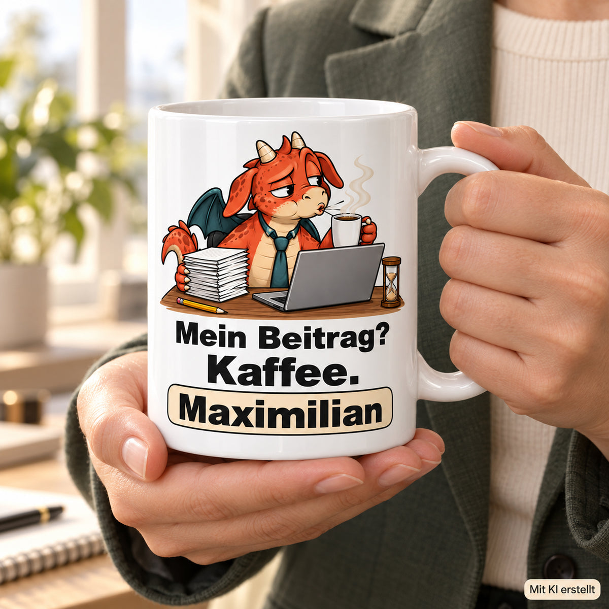 Personalisierte weiße Drachentasse mit Roter Beitragsdrache, Spruch „Mein Beitrag? Kaffee.“ und Wunschname – Händeszene