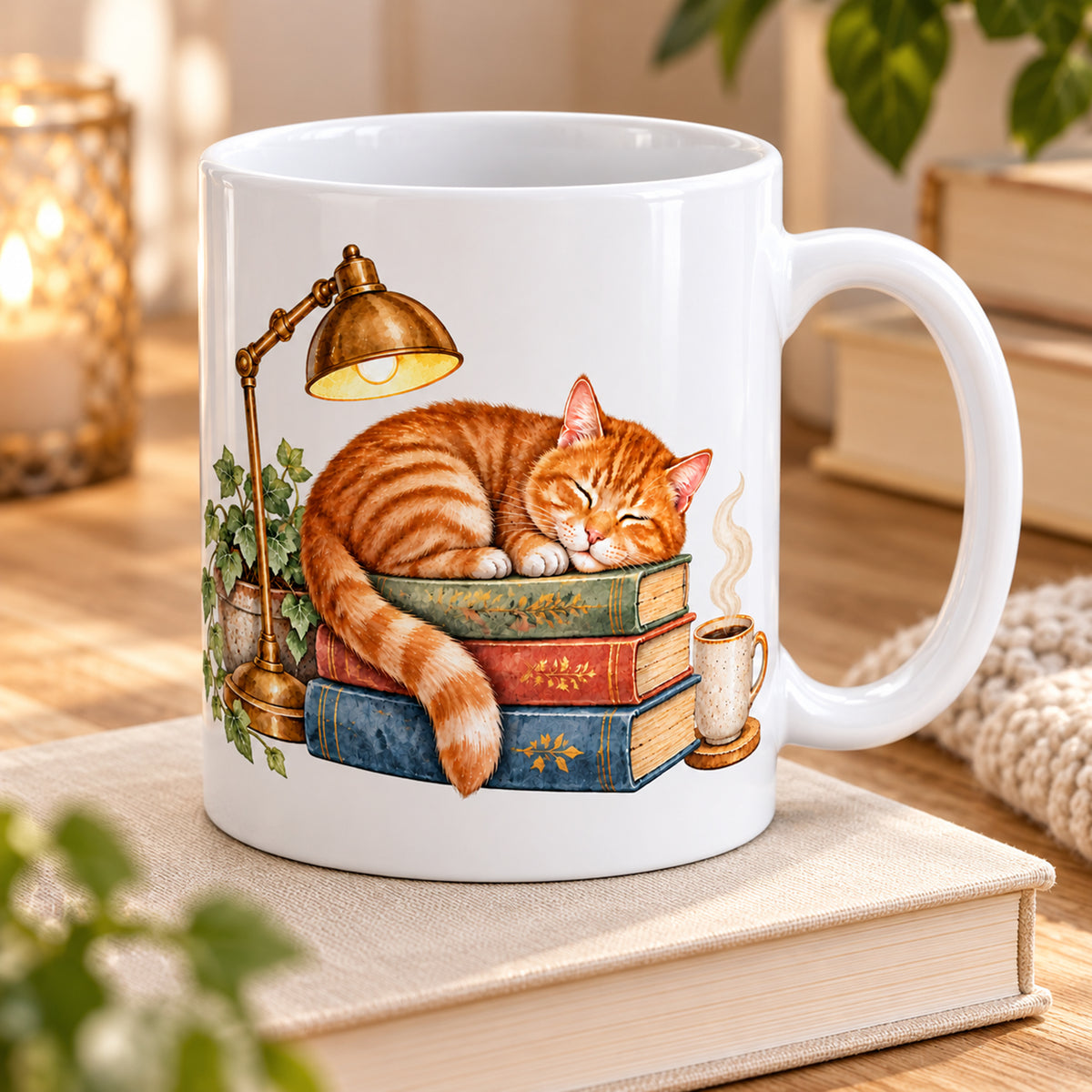 Lesetasse mit Name – Schlummerkapitel, Katze & Bücher, 330 ml – Bild 3