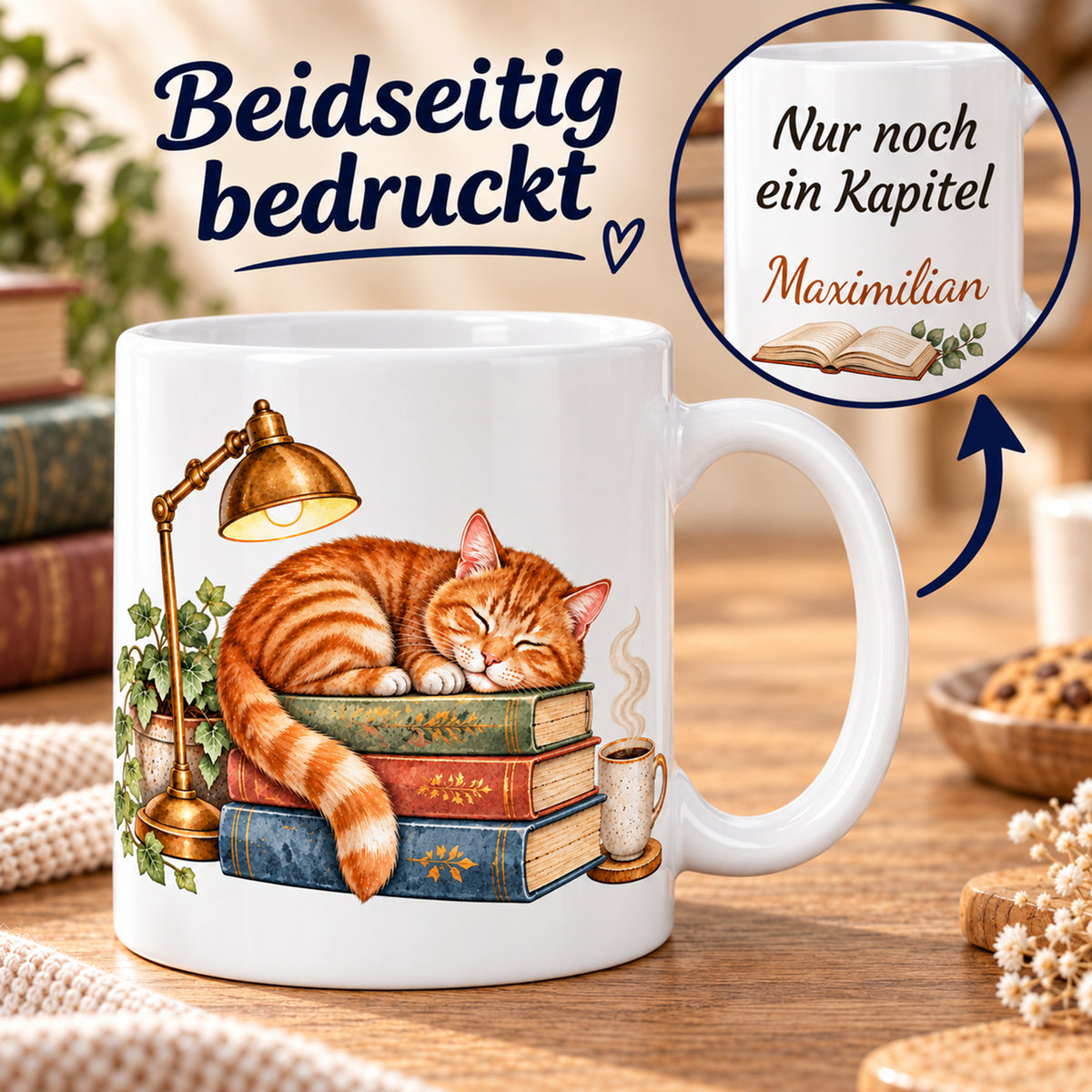 Lesetasse mit Name – Schlummerkapitel, Katze & Bücher, 330 ml – Bild 6
