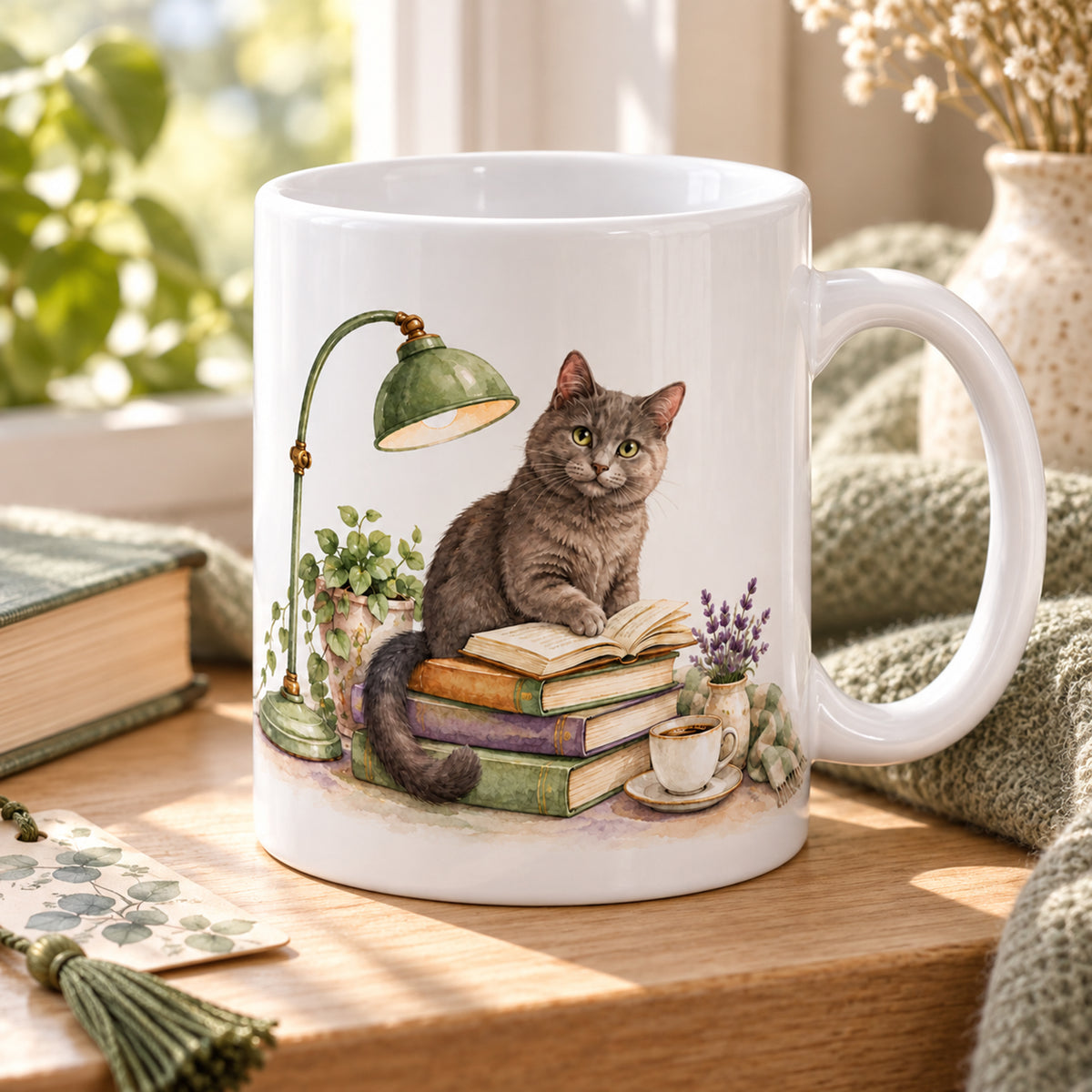 Lesetasse mit Name – Die aufmerksame Leserin, Katze & Bücher, 330 ml – Bild 3