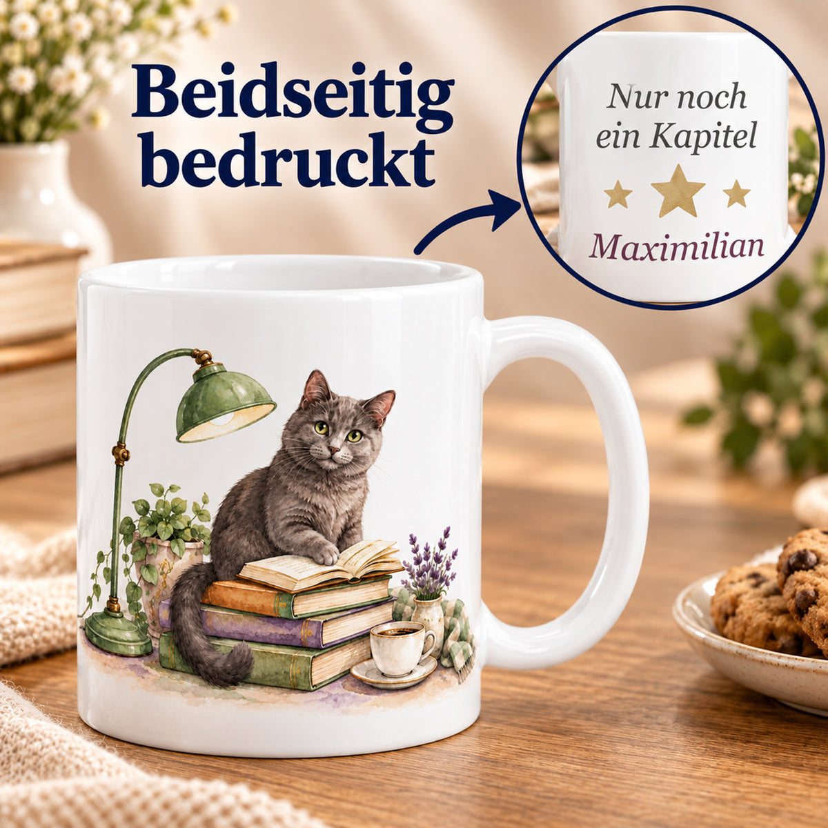 Lesetasse mit Name – Die aufmerksame Leserin, Katze & Bücher, 330 ml – Bild 6