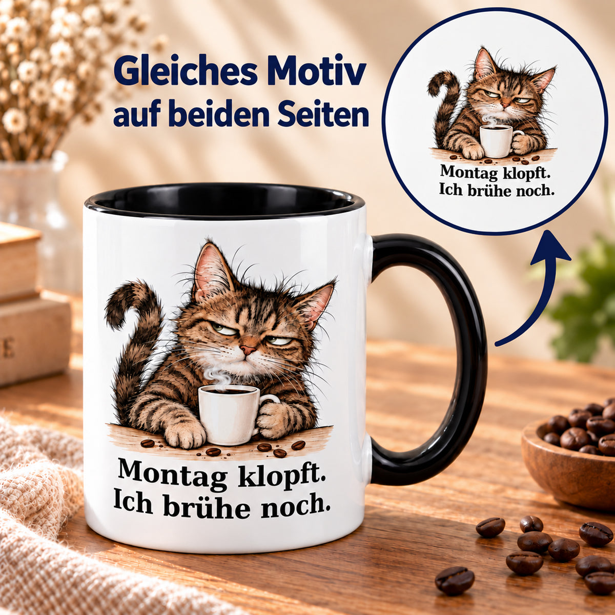 Montag vor der Tür – Beidseitiger Druck: weiße Katzentasse mit schwarzem Henkel und Kaffeespruch