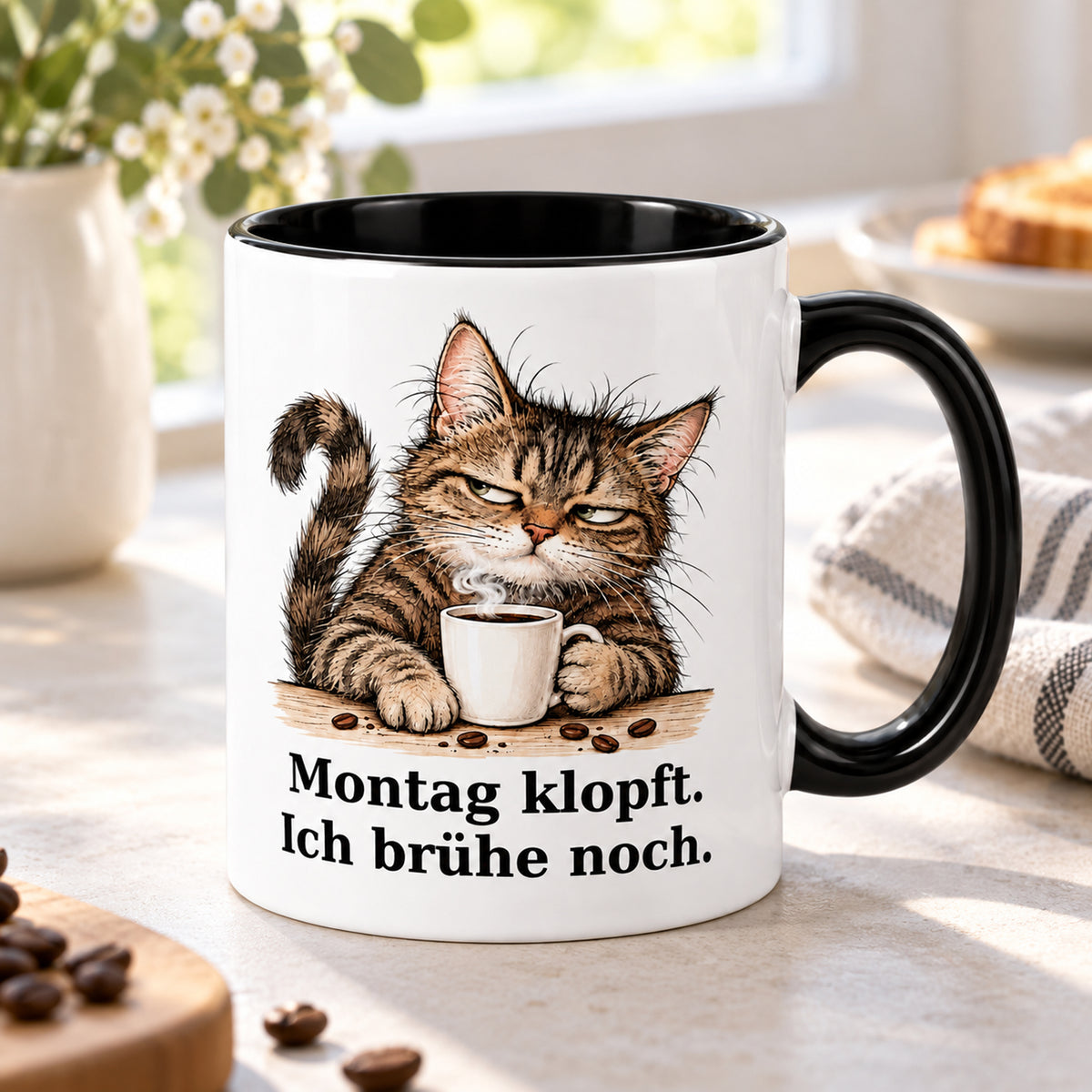 Montag vor der Tür – Kaffeepause: weiße Katzentasse mit schwarzem Henkel und Kaffeespruch