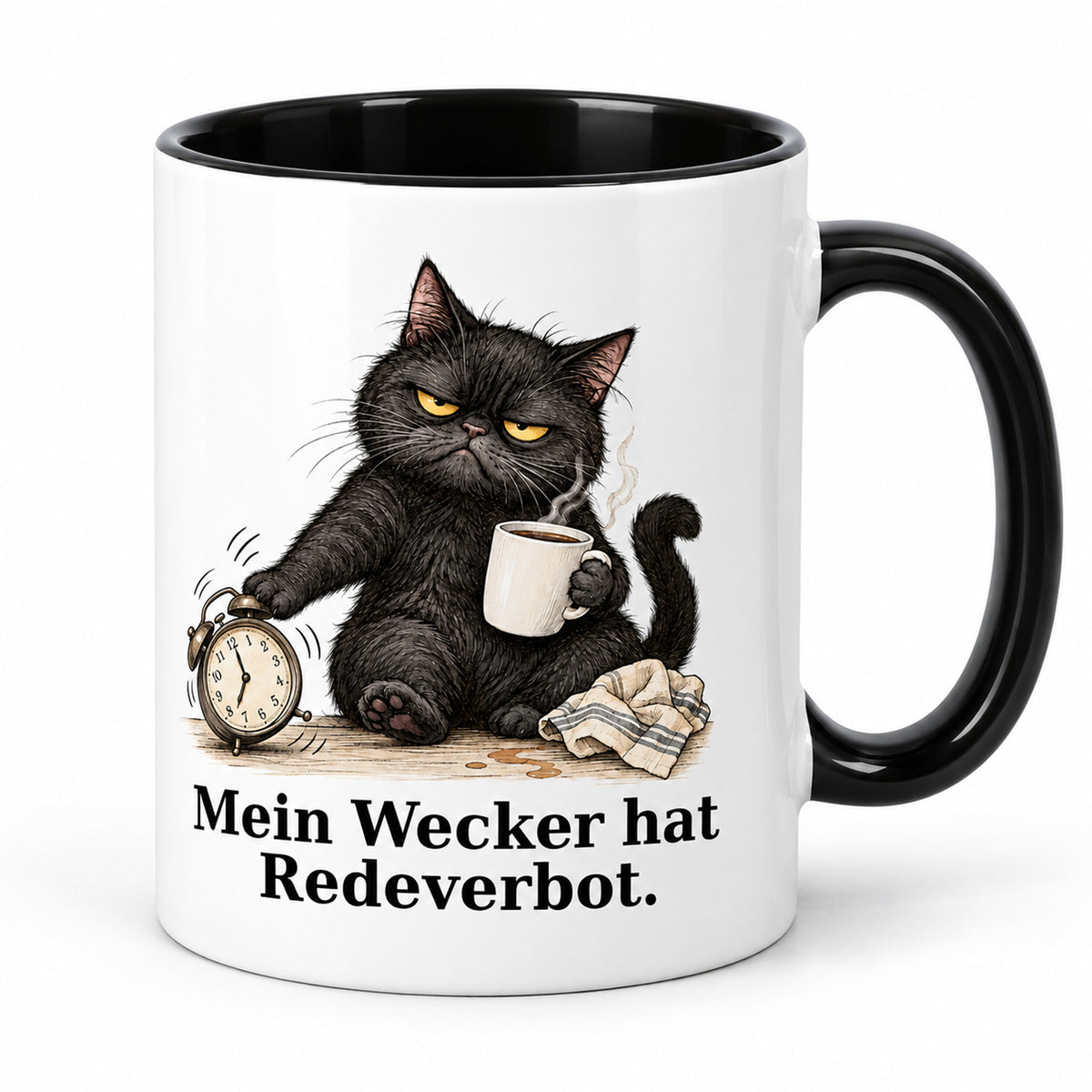 Wecker auf stumm – Hauptansicht: weiße Katzentasse mit schwarzem Henkel und Kaffeespruch