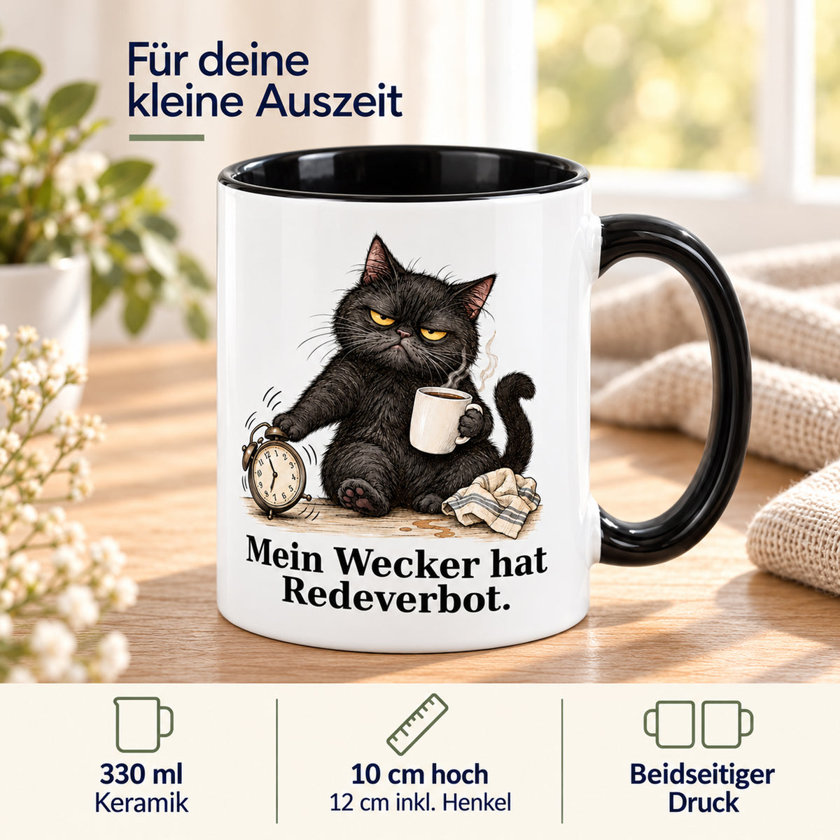 Wecker auf stumm – Produktdetails: weiße Katzentasse mit schwarzem Henkel und Kaffeespruch