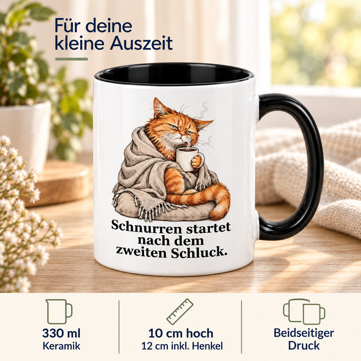 Schnurrstart – Produktdetails: weiße Katzentasse mit schwarzem Henkel und Kaffeespruch