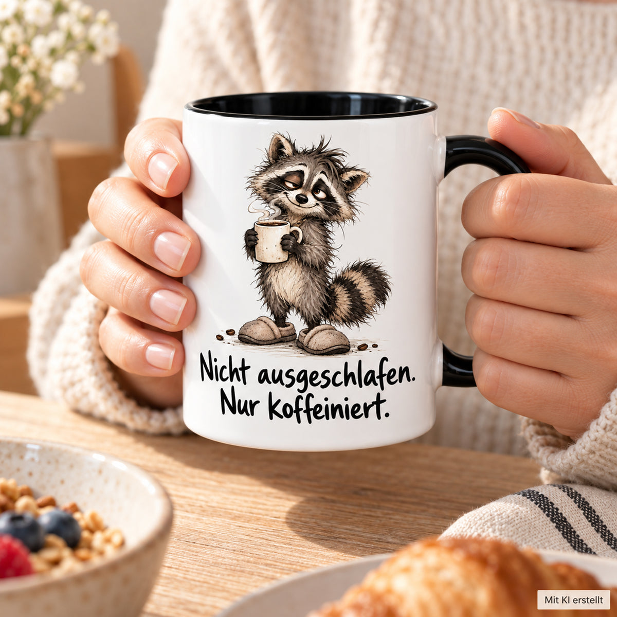 Waschbär-Tasse Morgenstart, Ansicht 7, weiß mit schwarzem Henkel und schwarzer Innenseite