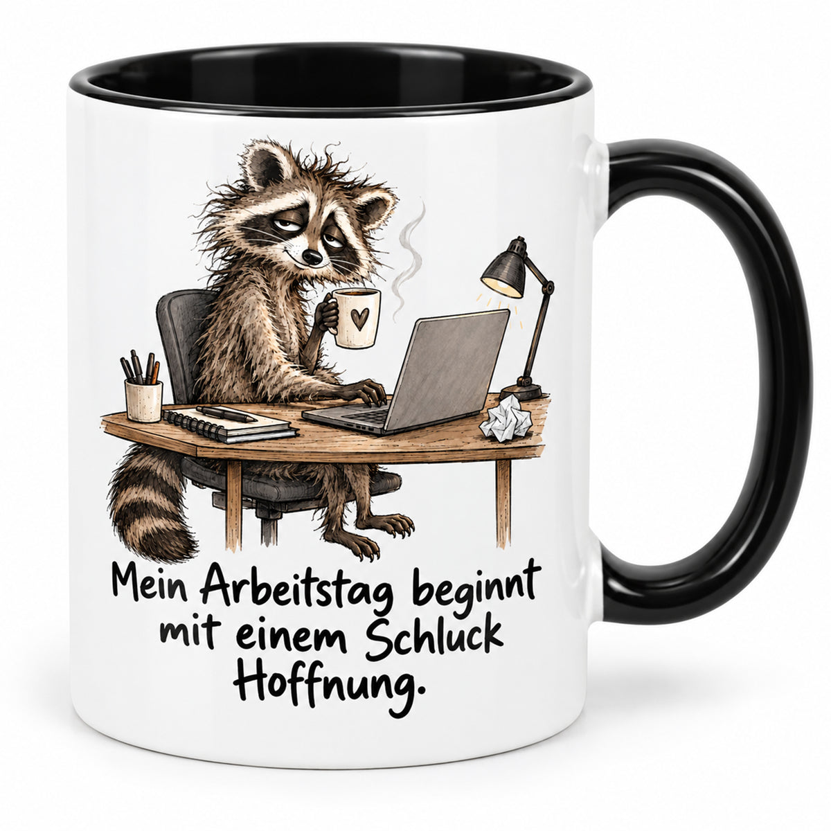 Waschbär-Tasse Bürostart, Ansicht 1, weiß mit schwarzem Henkel und schwarzer Innenseite