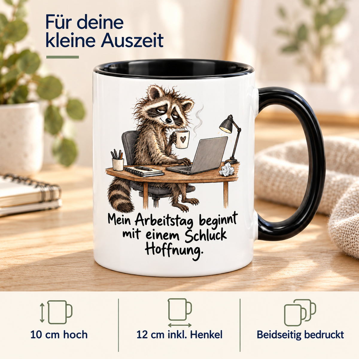 Waschbär-Tasse Bürostart, Ansicht 4, weiß mit schwarzem Henkel und schwarzer Innenseite