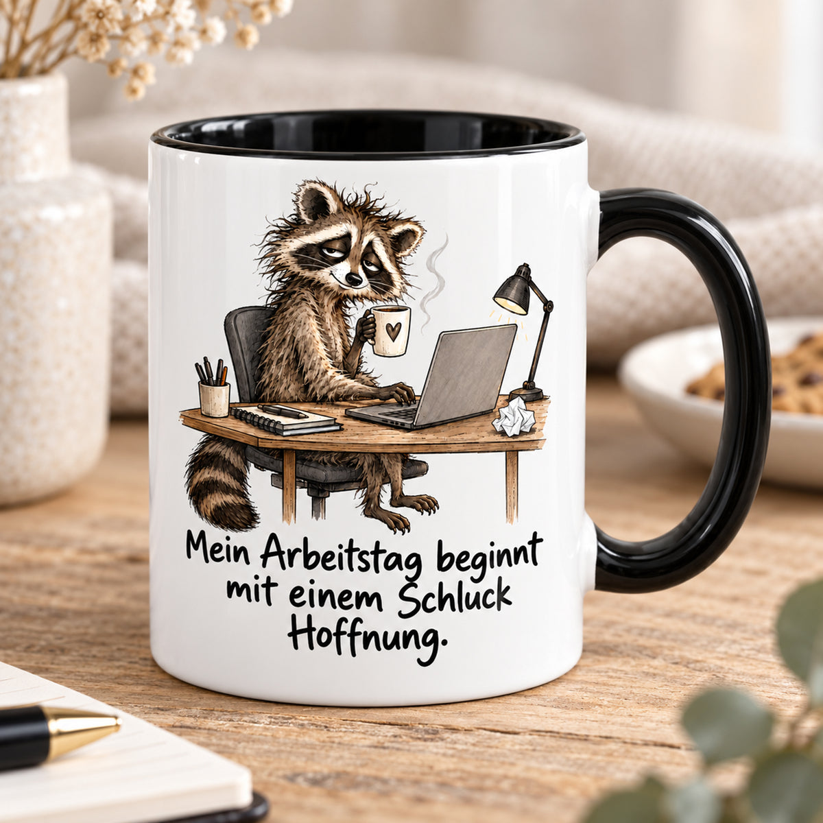 Waschbär-Tasse Bürostart, Ansicht 5, weiß mit schwarzem Henkel und schwarzer Innenseite