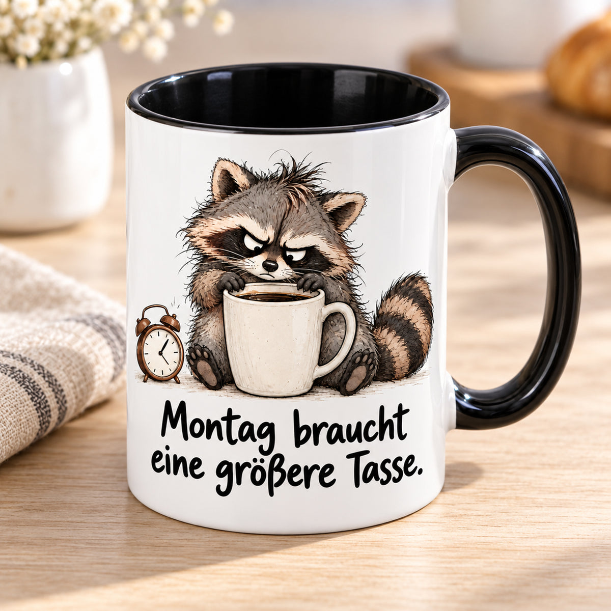 Waschbär-Tasse Montag, Ansicht 3, weiß mit schwarzem Henkel und schwarzer Innenseite