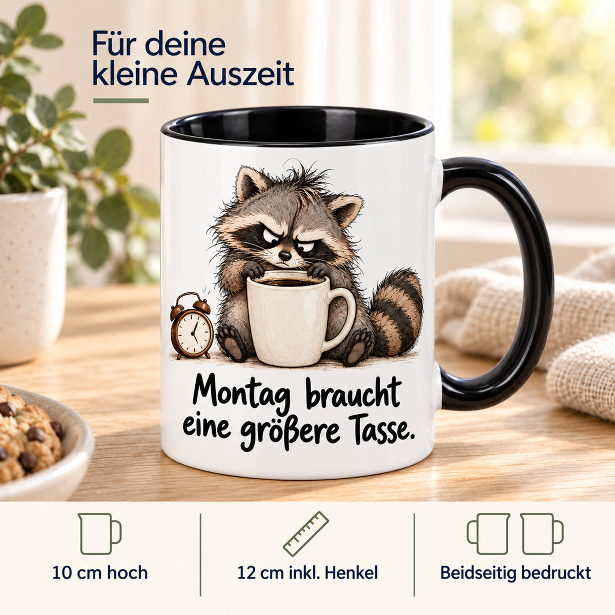 Waschbär-Tasse Montag, Ansicht 4, weiß mit schwarzem Henkel und schwarzer Innenseite