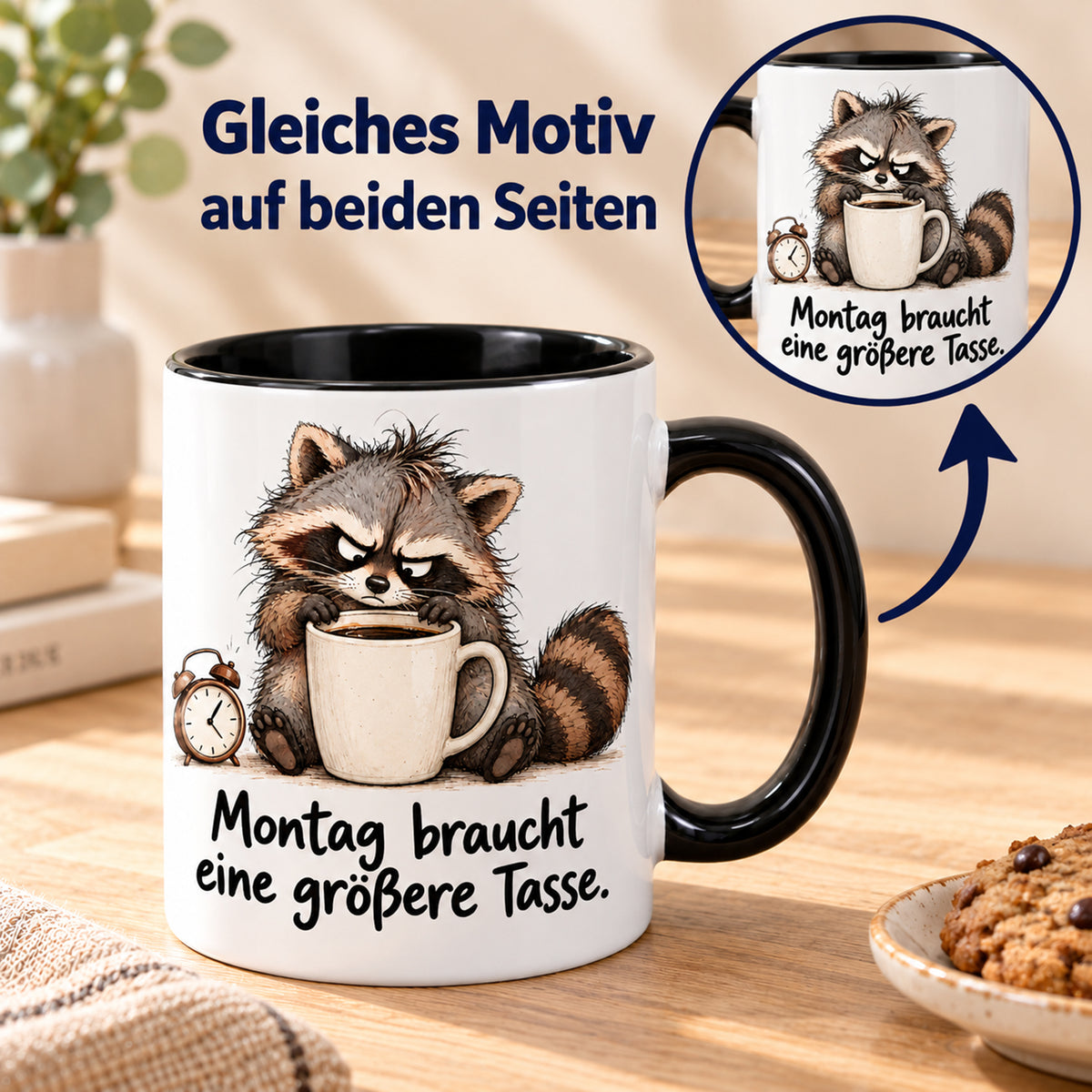 Waschbär-Tasse Montag, Ansicht 6, weiß mit schwarzem Henkel und schwarzer Innenseite