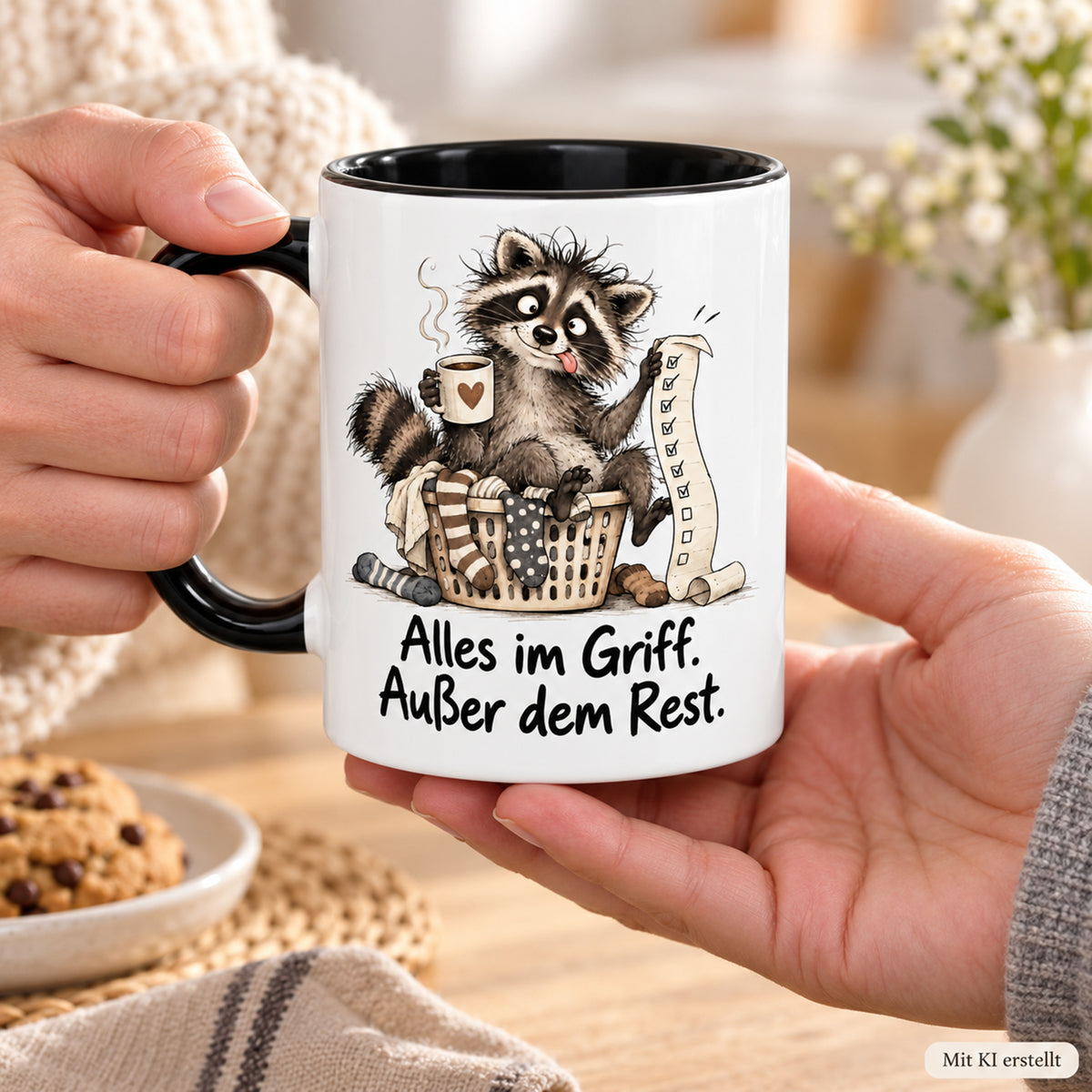 Waschbär-Tasse Alltagschaos, Ansicht 7, weiß mit schwarzem Henkel und schwarzer Innenseite