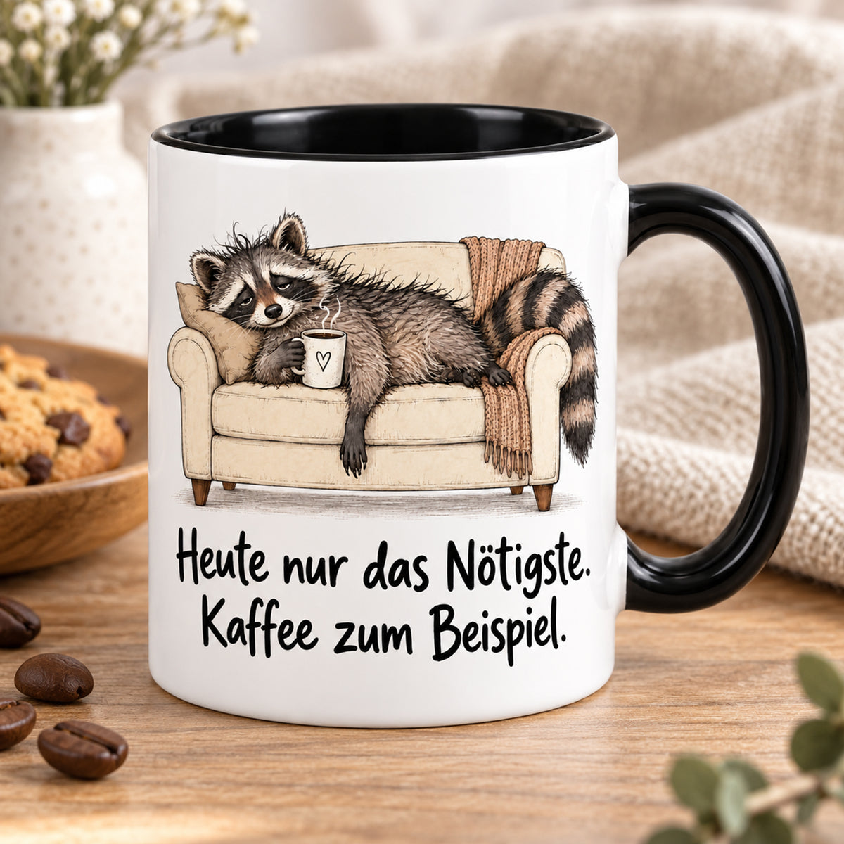 Waschbär-Tasse Überlebensmodus, Ansicht 5, weiß mit schwarzem Henkel und schwarzer Innenseite
