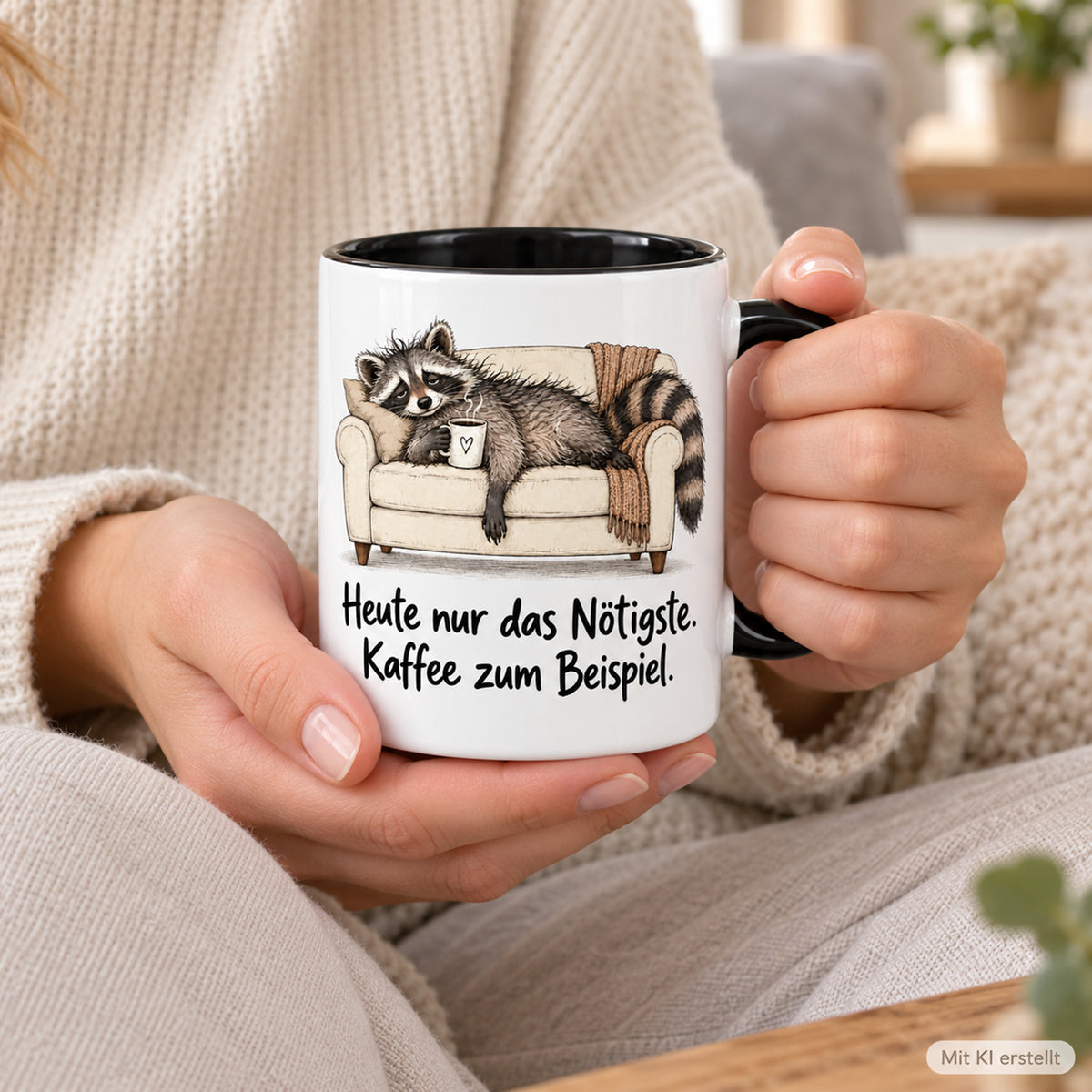 Waschbär-Tasse Überlebensmodus, Ansicht 7, weiß mit schwarzem Henkel und schwarzer Innenseite