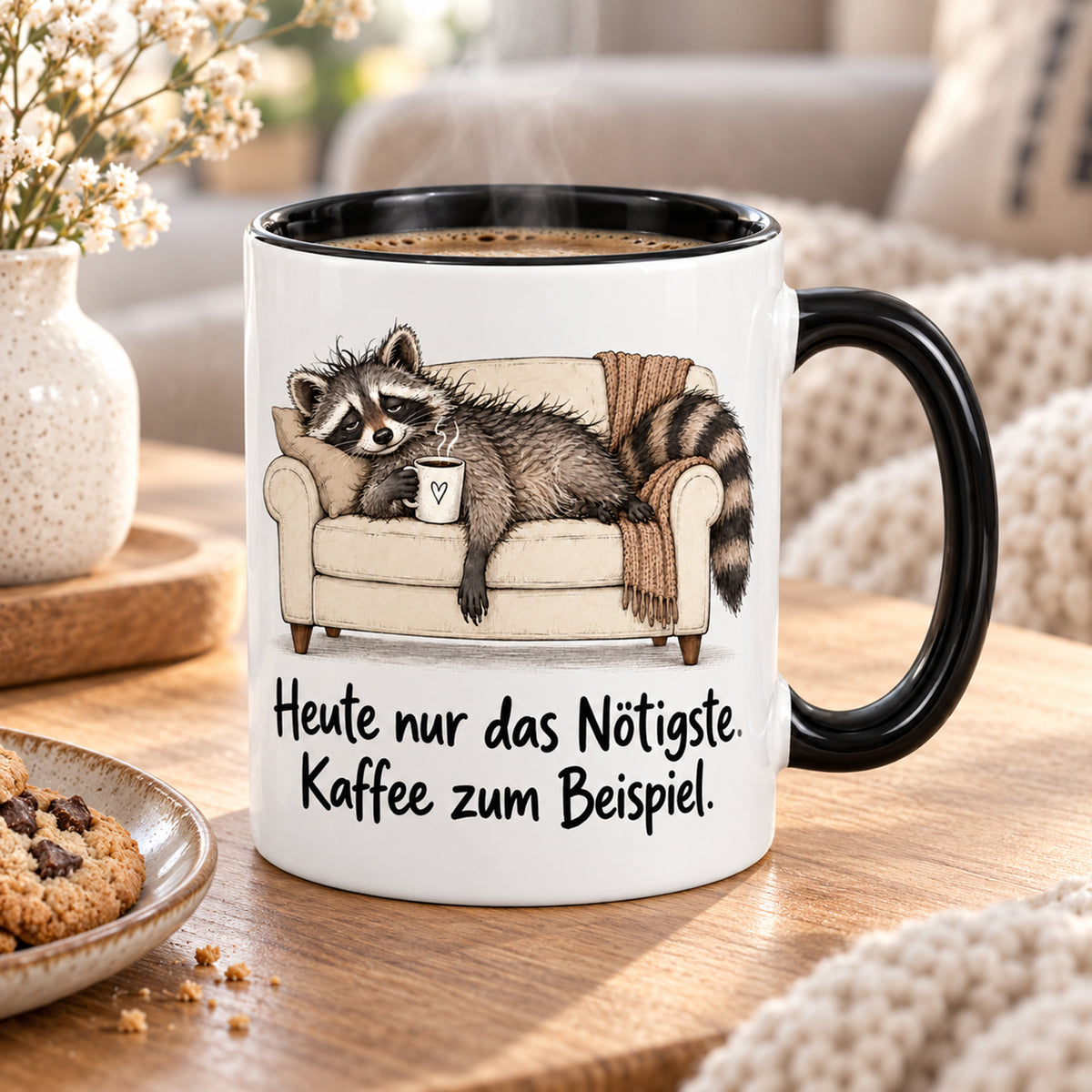 Waschbär-Tasse Überlebensmodus, Ansicht 8, weiß mit schwarzem Henkel und schwarzer Innenseite