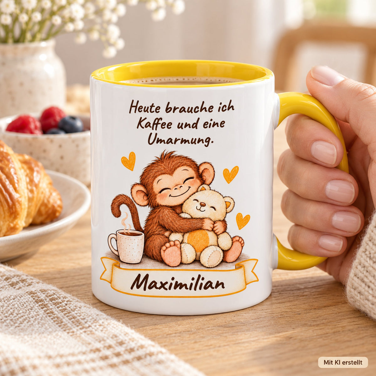 Nutzung mit Händen: gelbe personalisierte Tasse mit Baby-Affe, Motiv Umarmung mit Teddy, Beispielname Maximilian