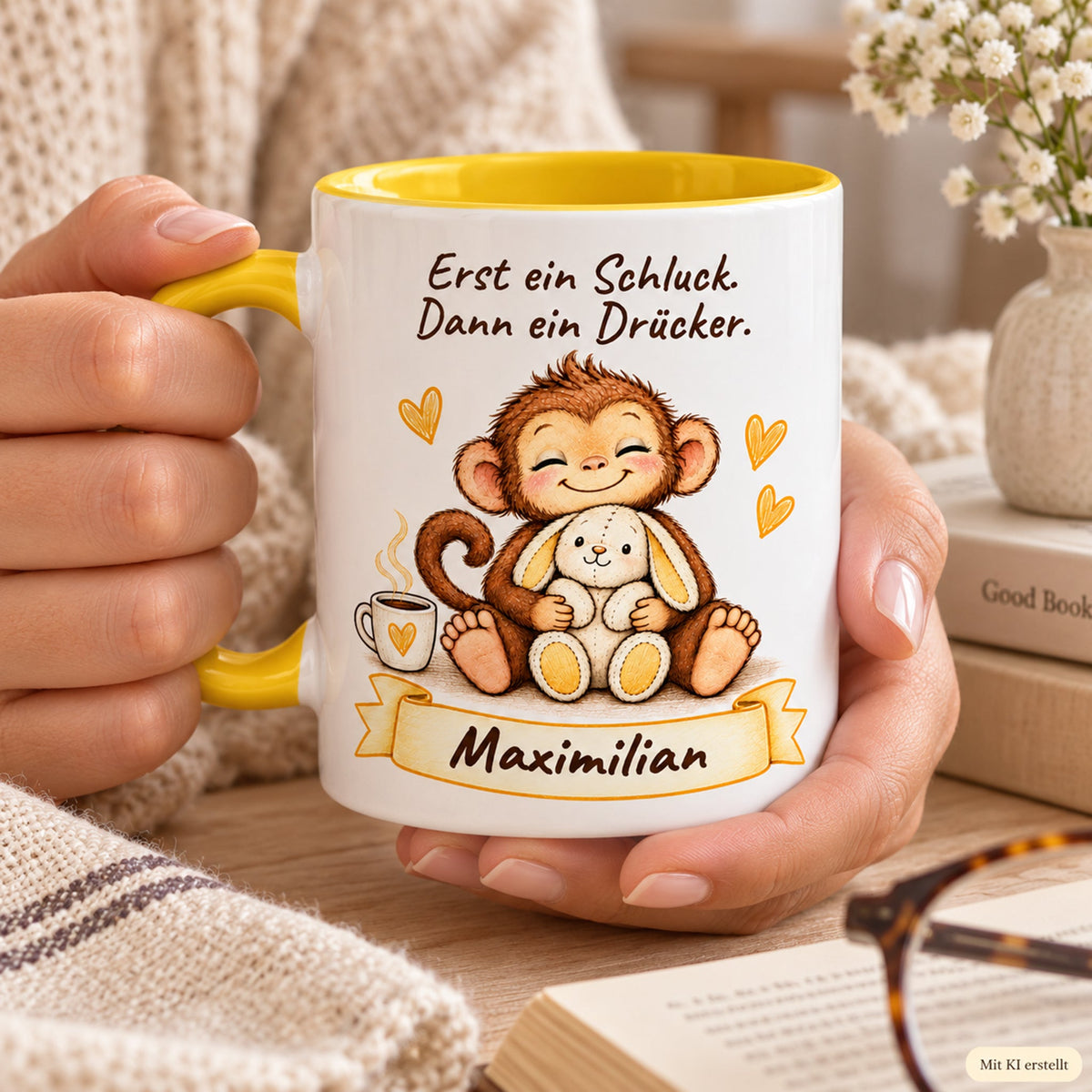 Nutzung mit Händen: gelbe personalisierte Tasse mit Baby-Affe, Motiv Schluck und Drücker, Beispielname Maximilian