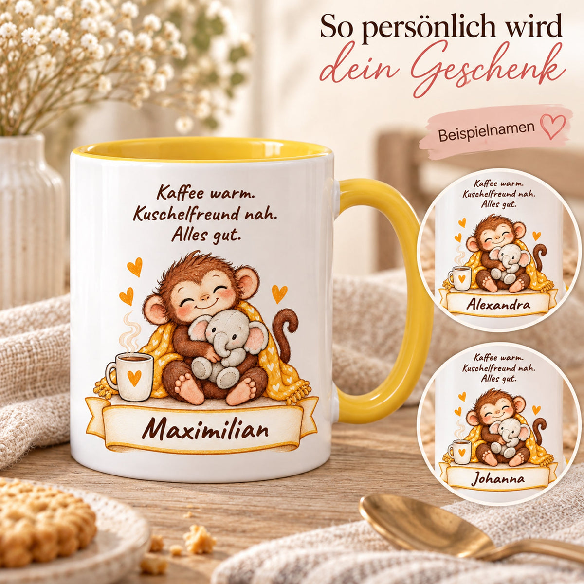 Personalisierung: gelbe personalisierte Tasse mit Baby-Affe, Motiv Kuschelfreund Elefant, Beispielname Maximilian; weitere gekennzeichnete Beispielnamen Alexandra und Johanna