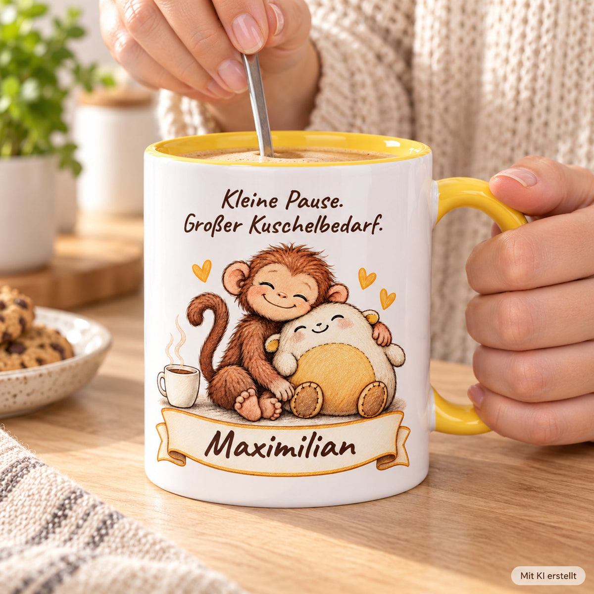 Nutzung mit Händen: gelbe personalisierte Tasse mit Baby-Affe, Motiv Kleine Pause, Beispielname Maximilian