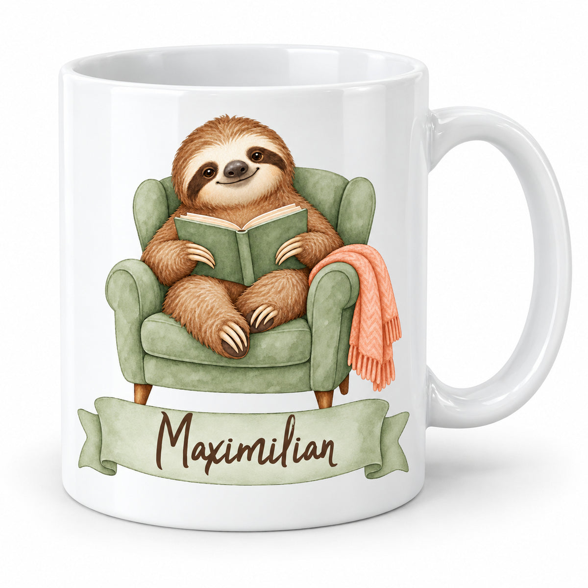 Personalisierte weiße Faultier-Tasse Lesepause mit dem Namen Maximilian