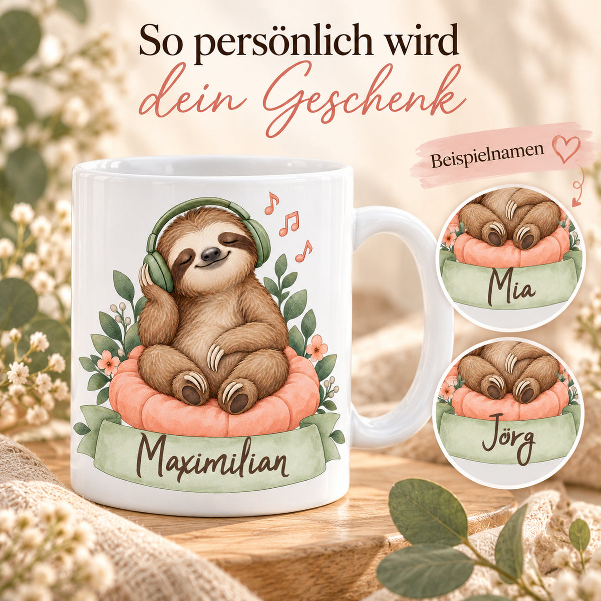 Faultier-Tasse Musik genießen – Beispielnamen Mia Jörg und Maximilian