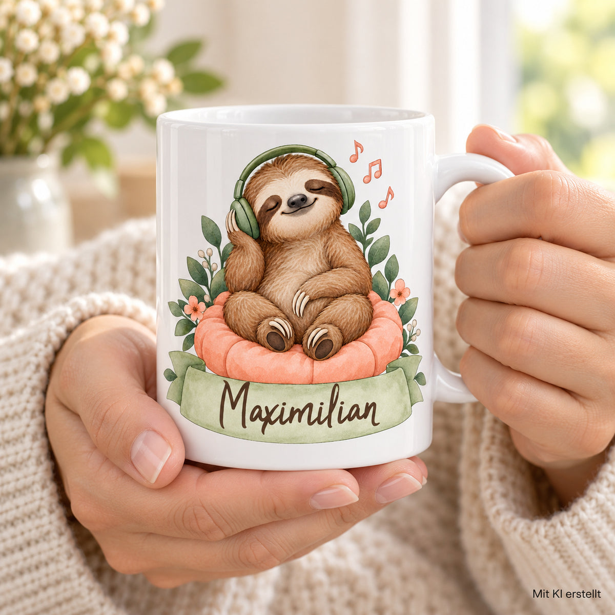 Faultier-Tasse Musik genießen – Tasse in Händen KI-Beispiel