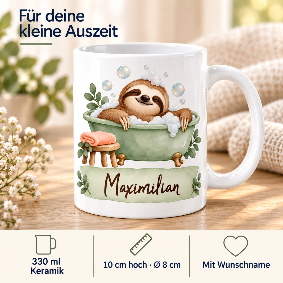 Faultier-Tasse Schaumbad – Größe und Farben