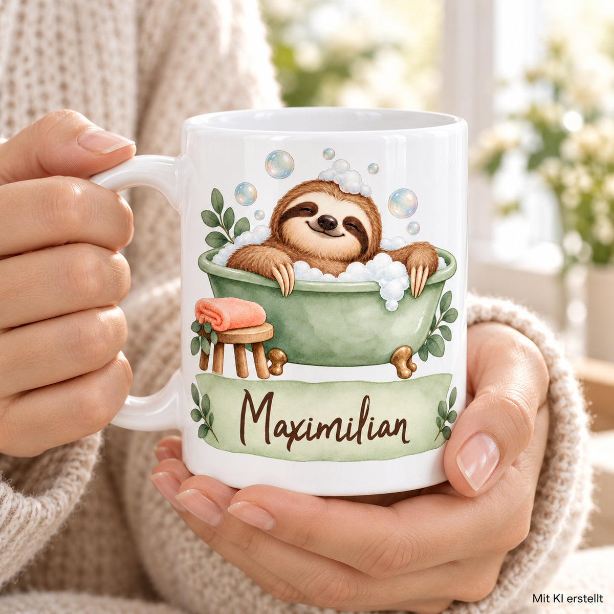 Faultier-Tasse Schaumbad – Tasse in Händen KI-Beispiel