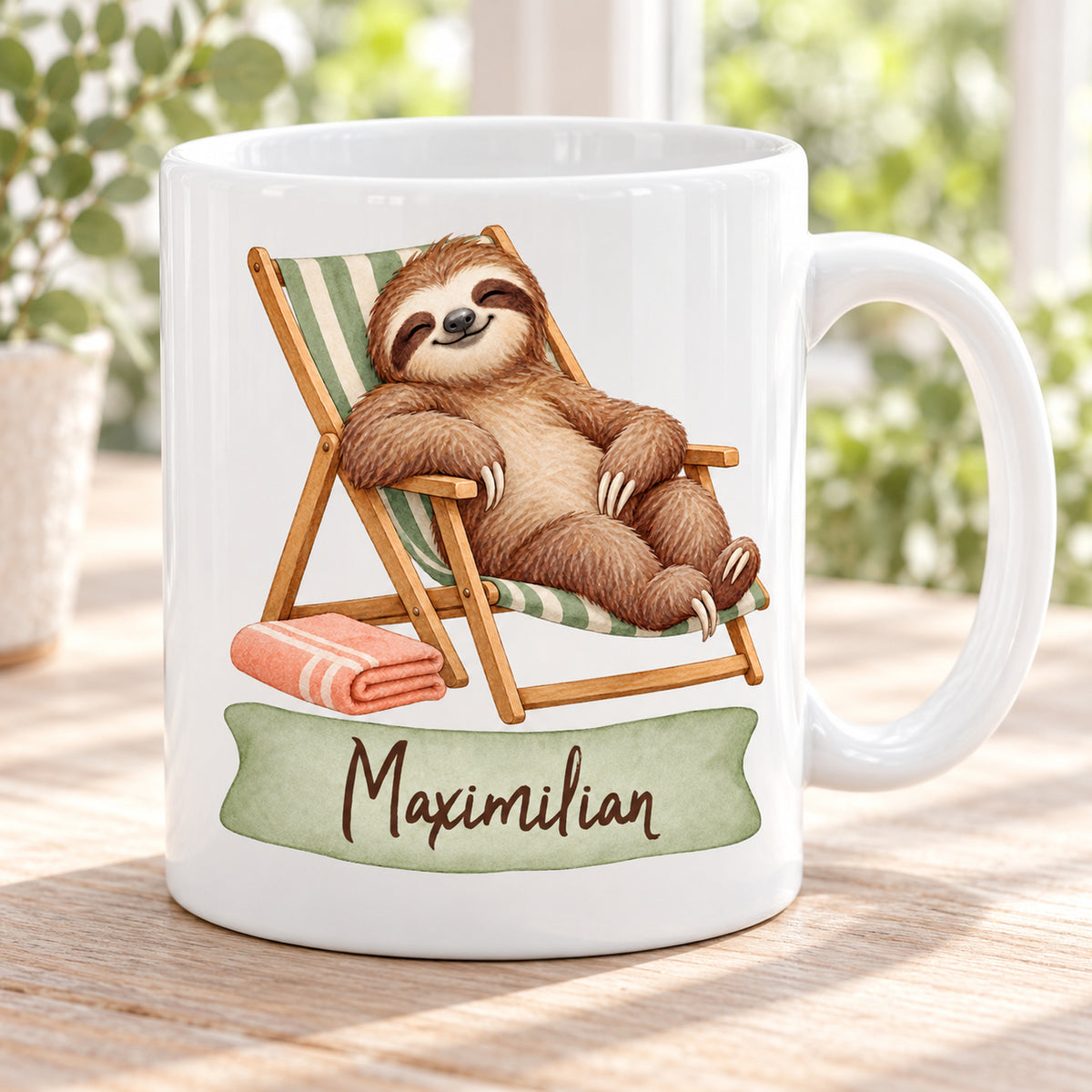 Personalisierte weiße Faultier-Tasse Entspannt im Liegestuhl mit dem Namen Maximilian