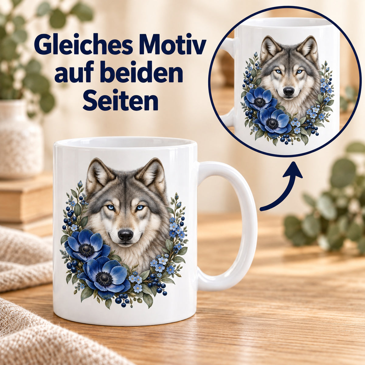 Weiße Wolf-Tasse Blauer Blütenzauber mit blauen Blumen – Beidseitiger Druck