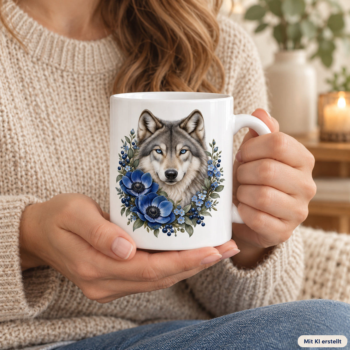 Weiße Wolf-Tasse Blauer Blütenzauber mit blauen Blumen – Tasse in den Händen