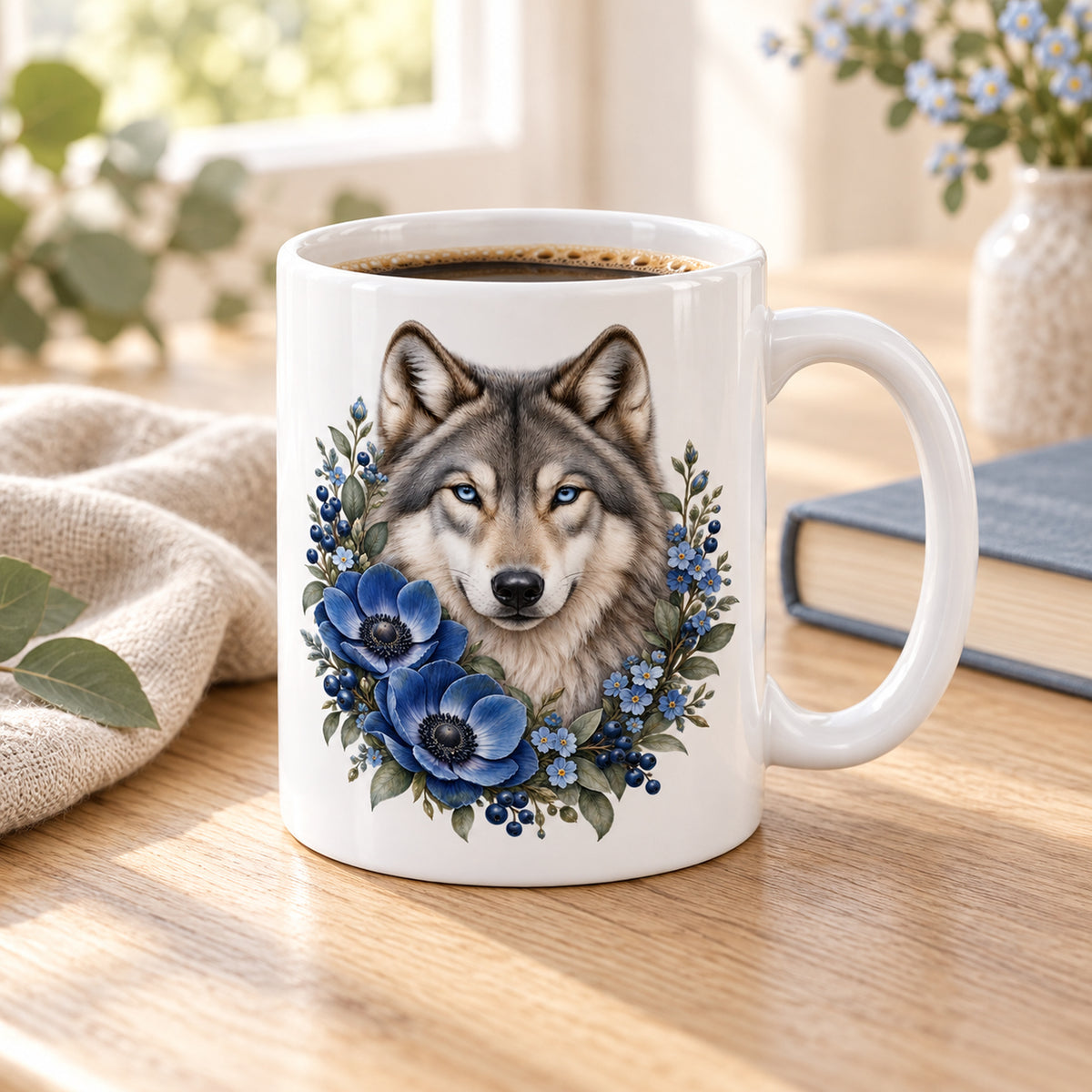 Weiße Wolf-Tasse Blauer Blütenzauber mit blauen Blumen – Tasse bei einer Kaffeepause