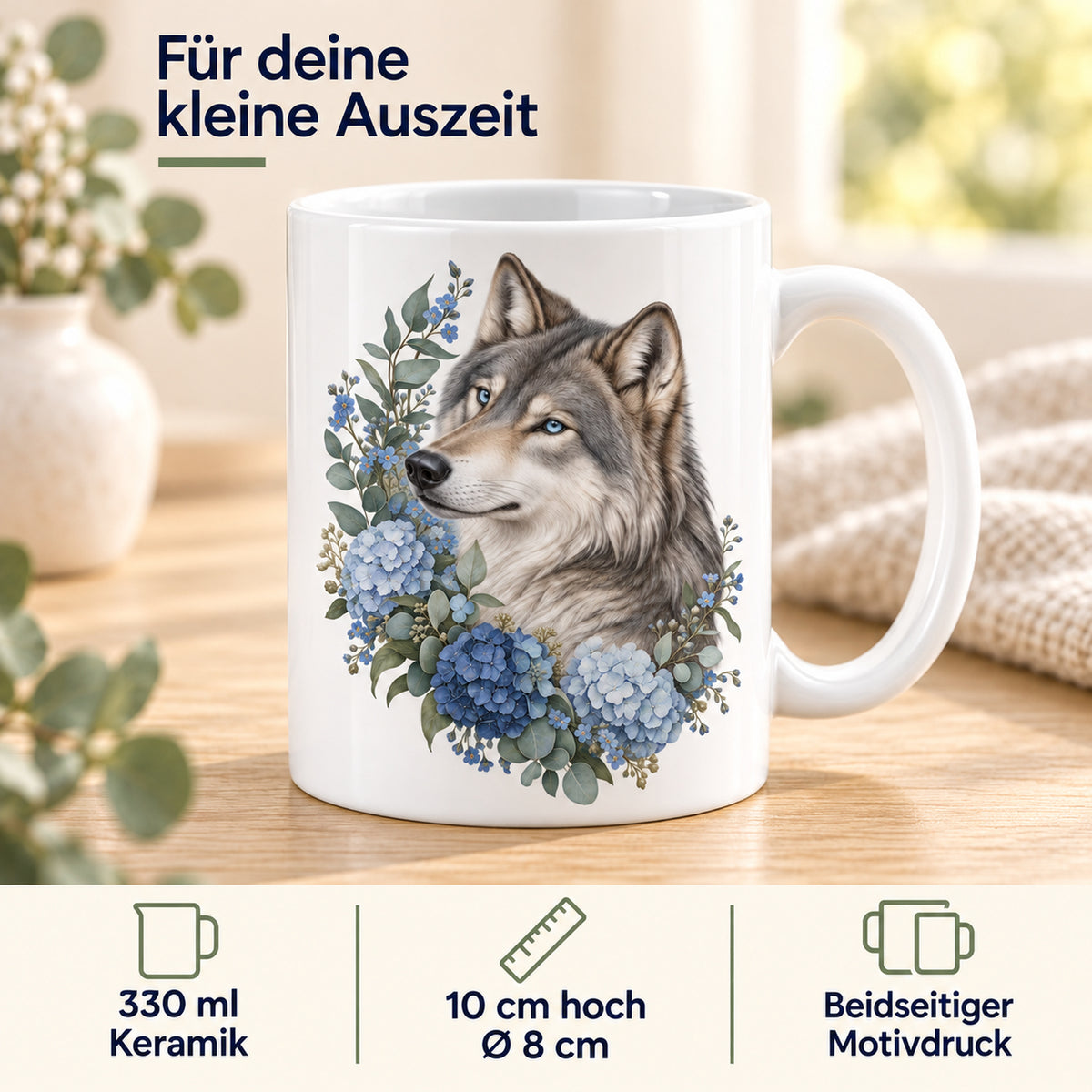 Weiße Wolf-Tasse Waldblau mit blauen Blumen – Produktdetails