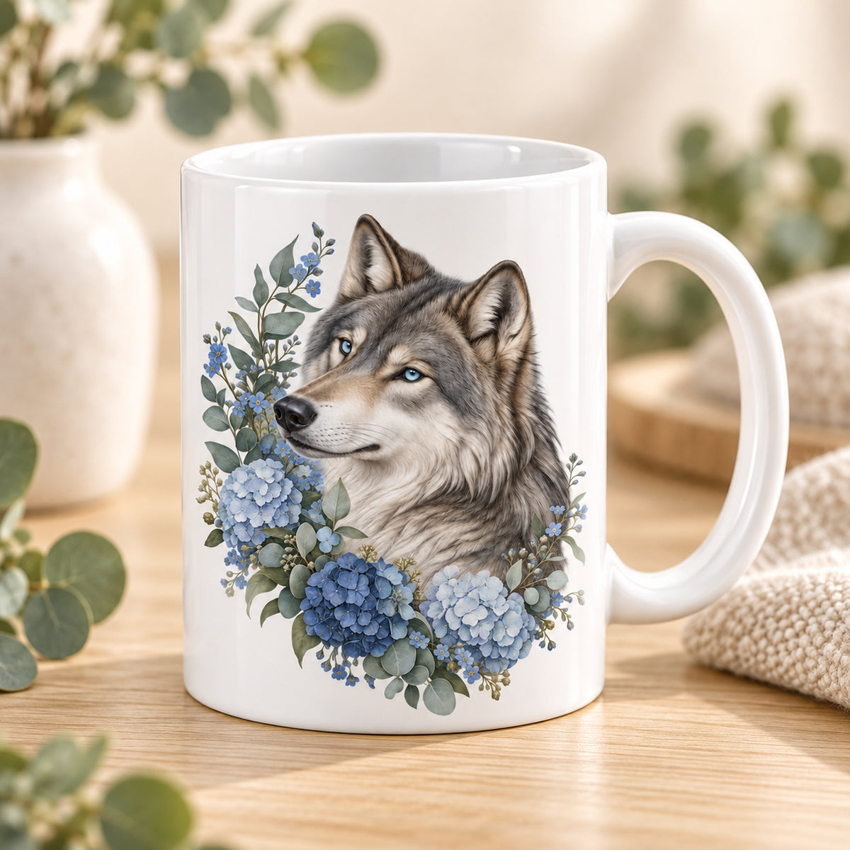 Weiße Wolf-Tasse Waldblau mit blauen Blumen – Detail des Wolfmotivs