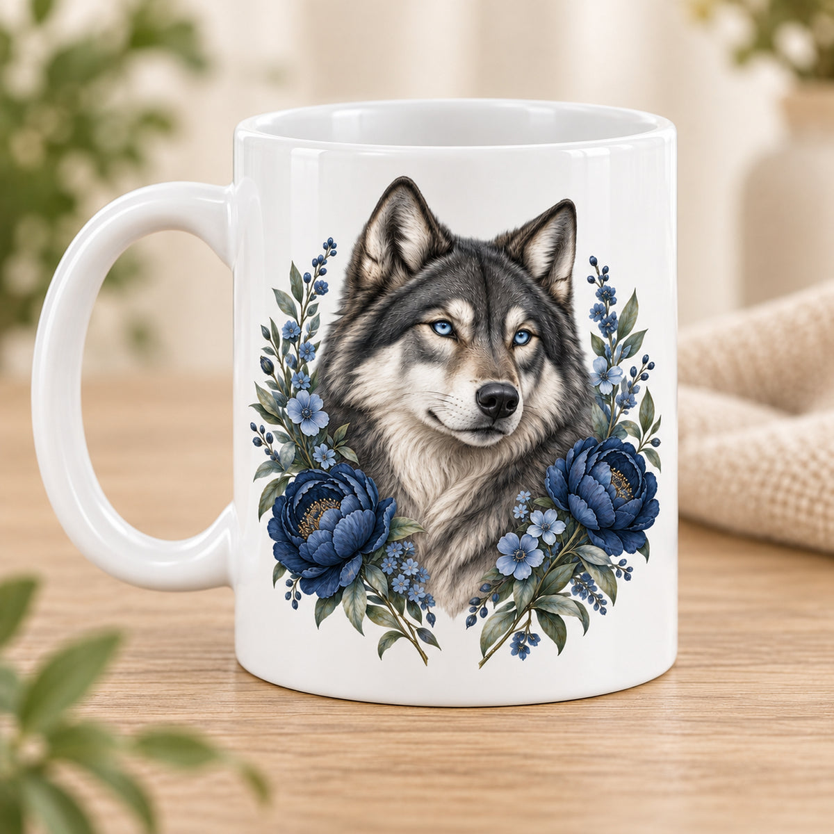 Weiße Wolf-Tasse Silbernacht mit blauen Blumen – Rückseite mit gleichem Motiv