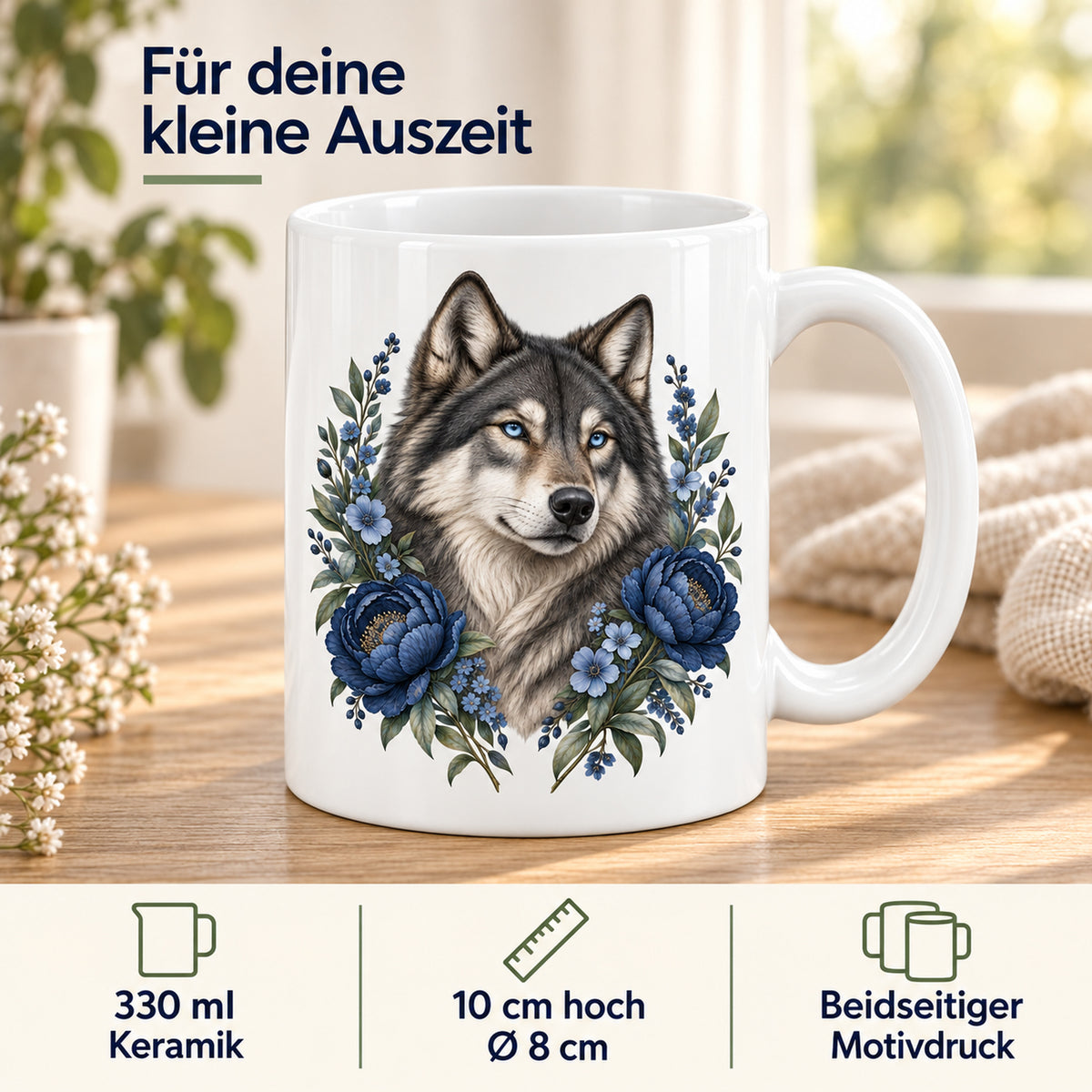 Weiße Wolf-Tasse Silbernacht mit blauen Blumen – Produktdetails