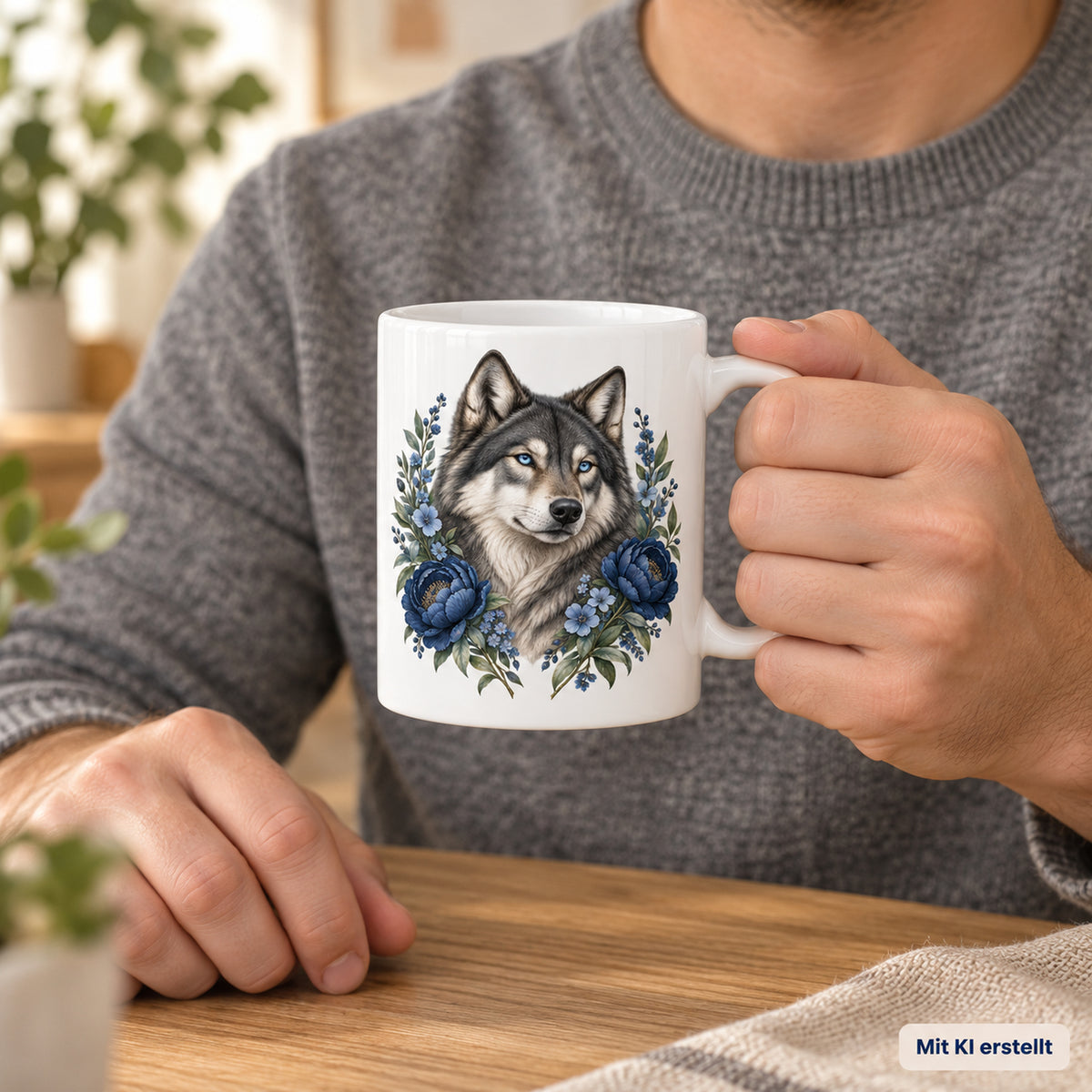 Weiße Wolf-Tasse Silbernacht mit blauen Blumen – Tasse in den Händen