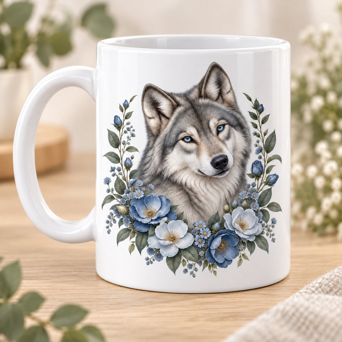 Weiße Wolf-Tasse Sanfter Blumenblick mit blauen Blumen – Rückseite mit gleichem Motiv