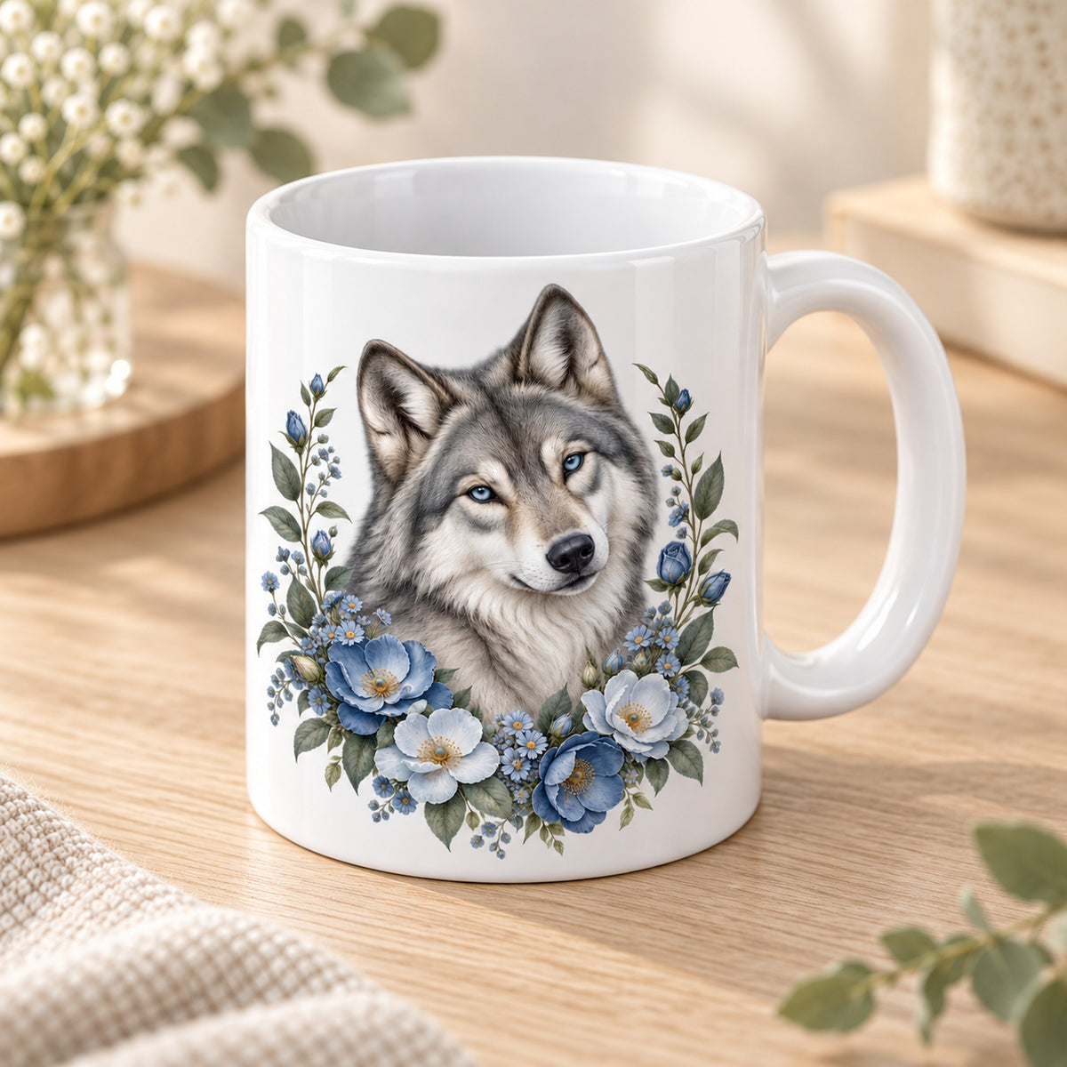 Weiße Wolf-Tasse Sanfter Blumenblick mit blauen Blumen – Seitenansicht