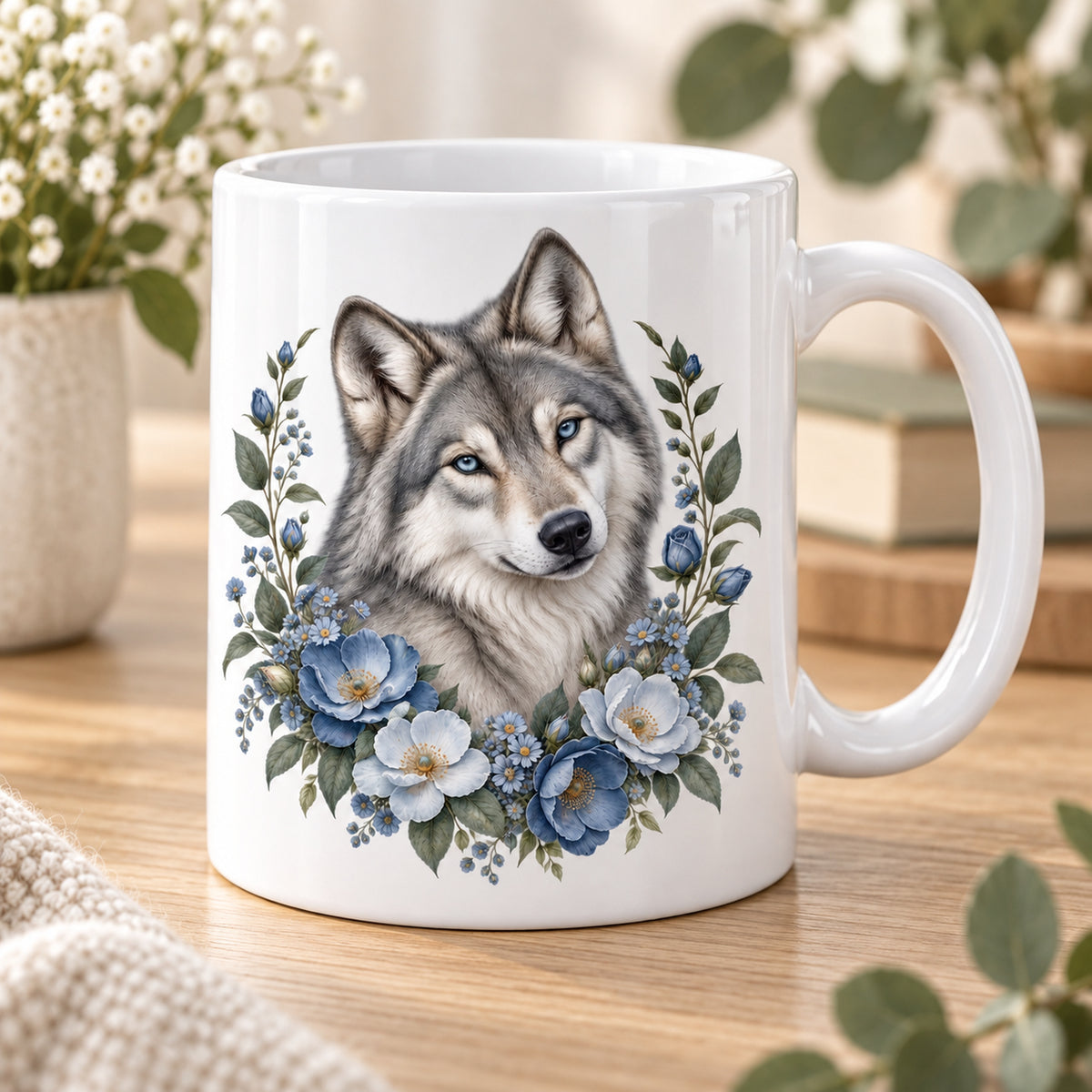 Weiße Wolf-Tasse Sanfter Blumenblick mit blauen Blumen – Detail des Wolfmotivs