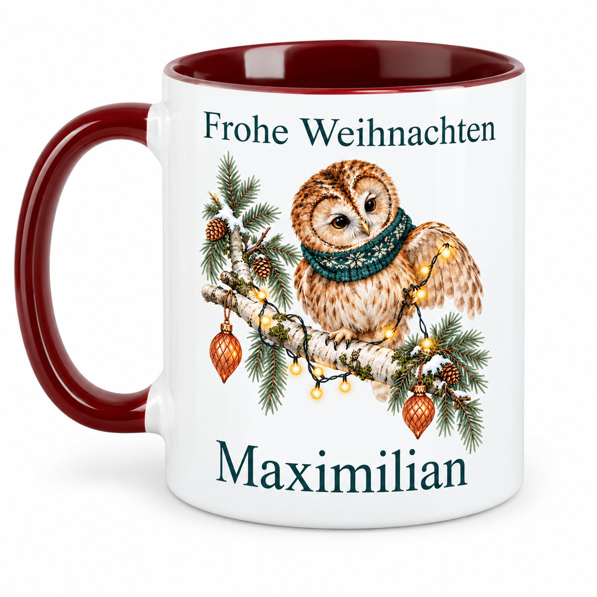 Eule – Rückseite der personalisierten Weihnachtstasse