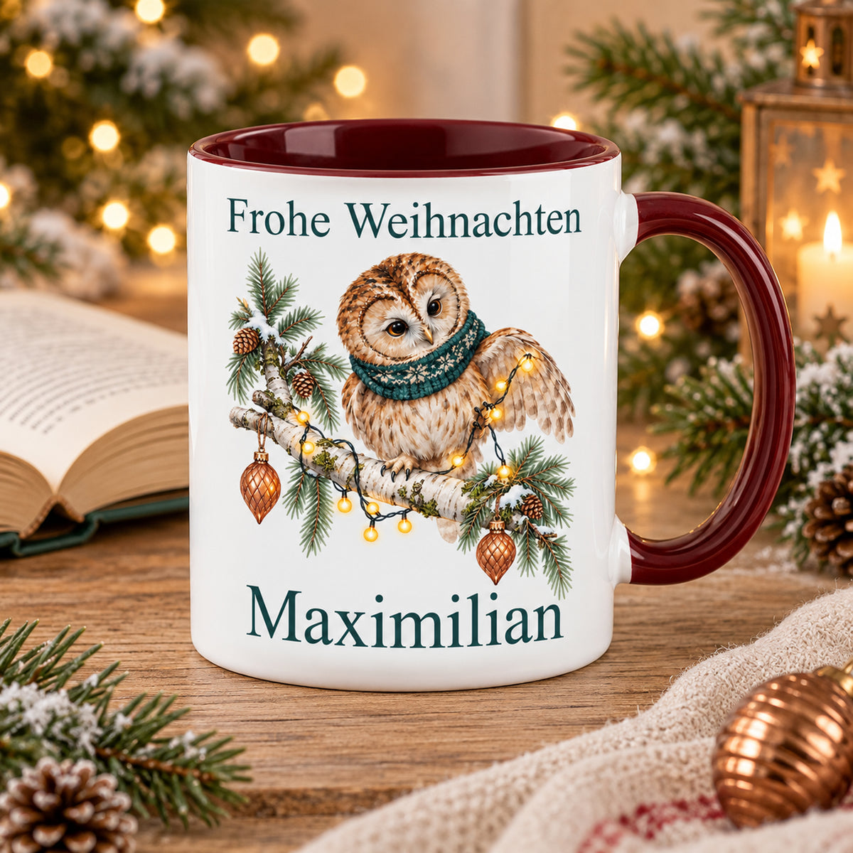 Eule – Weihnachtsszene der personalisierten Weihnachtstasse