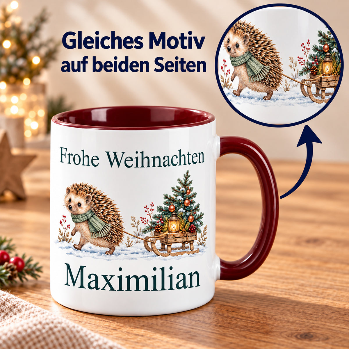 Igel – Beidseitiger Druck der personalisierten Weihnachtstasse