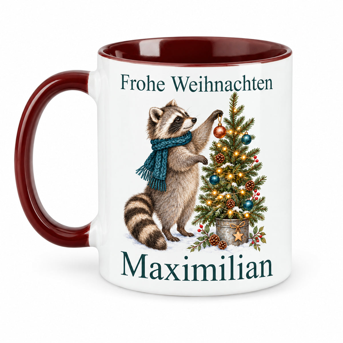 Waschbär – Rückseite der personalisierten Weihnachtstasse