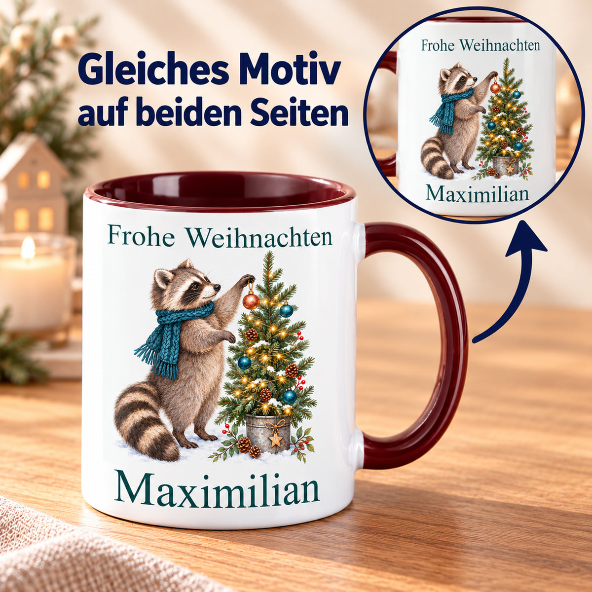 Waschbär – Beidseitiger Druck der personalisierten Weihnachtstasse