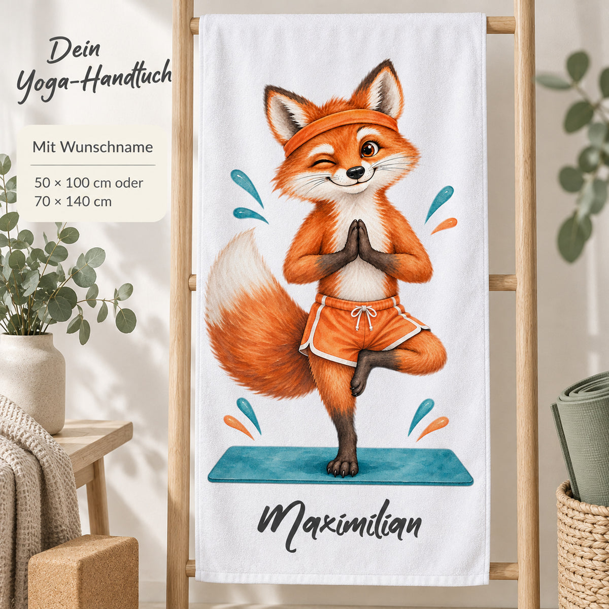 Personalisiertes Handtuch mit Yoga-Fuchs und Wunschname – Ansicht 4