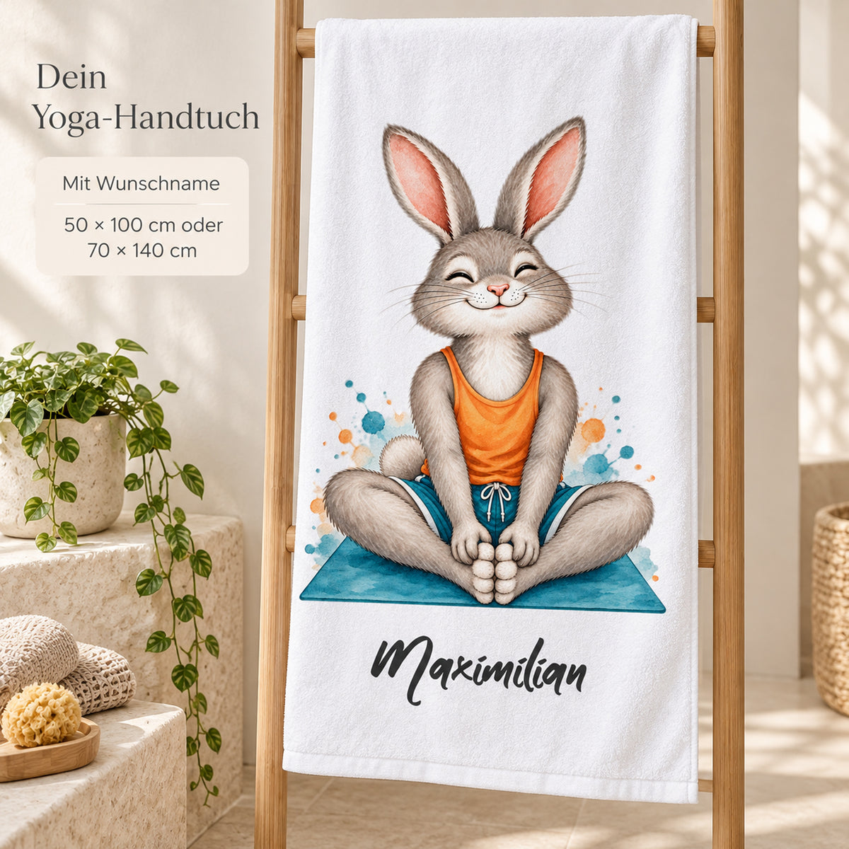 Personalisiertes Handtuch mit Yoga-Hase und Wunschname – Ansicht 4