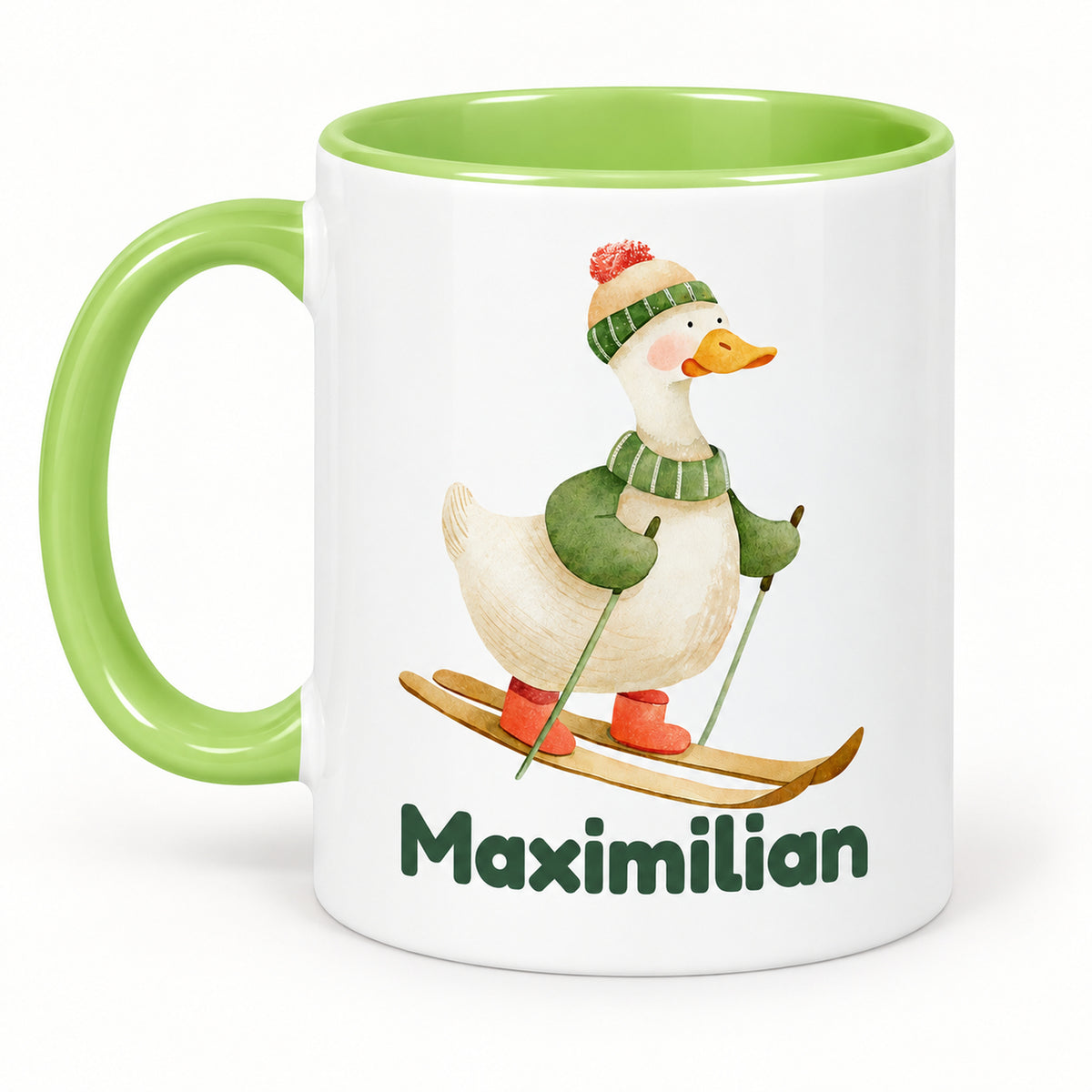 Rückansicht derselben hellgrünen Tasse mit Gans auf Skiern und Beispielname Maximilian